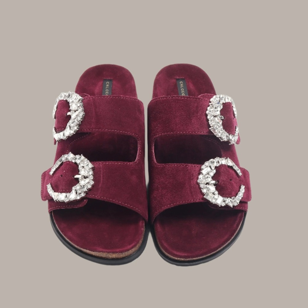 CHLOECHEN Antonia Rhinestone Sandals Burgundy Suede Buckle Double Strap Slide 38